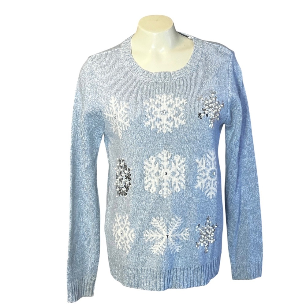 Karen Scott Snowflake Sequin Beaded Light Blue Knit Sweater‎ Women PM